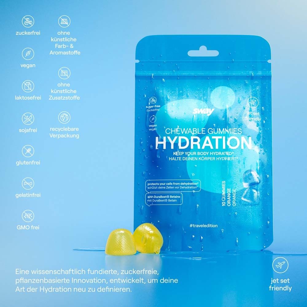 Emballage bleu avec "sway CHEWABLE GUMMIES HYDRATION". Contient 10 gommes à l'orange. Plusieurs symboles. "Jet set friendly".