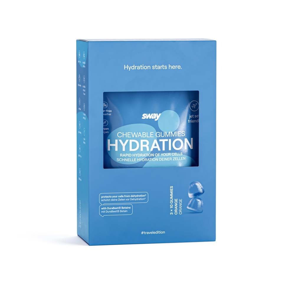 Boîte bleue avec texte 'sway' et 'Hydration'. Contient des gommes à mâcher. 3 x 10 gommes, orange. #traveledition.