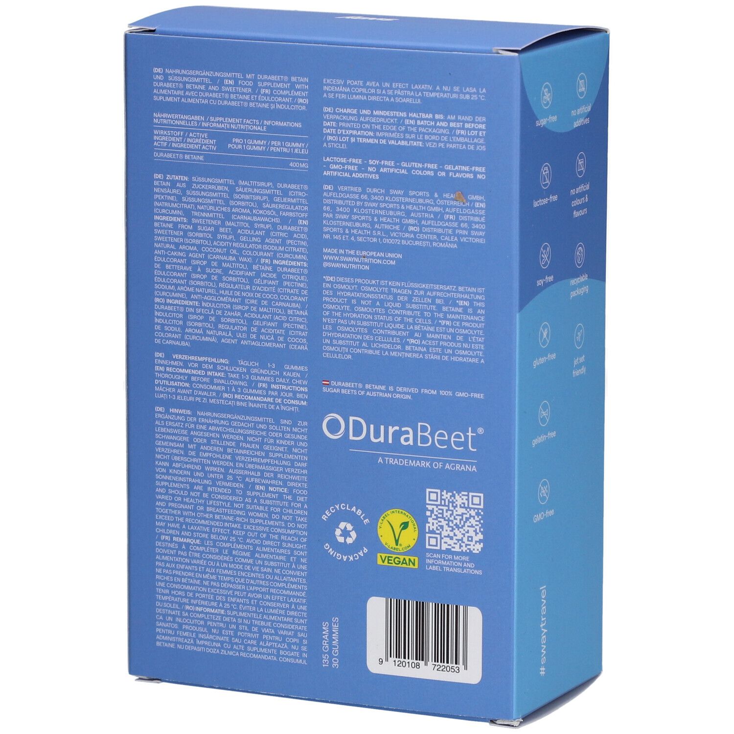 Dos de la boîte bleue. Contient des informations sur le produit, des informations nutritionnelles et des logos. Inscription : ODuraBeet, vegan.