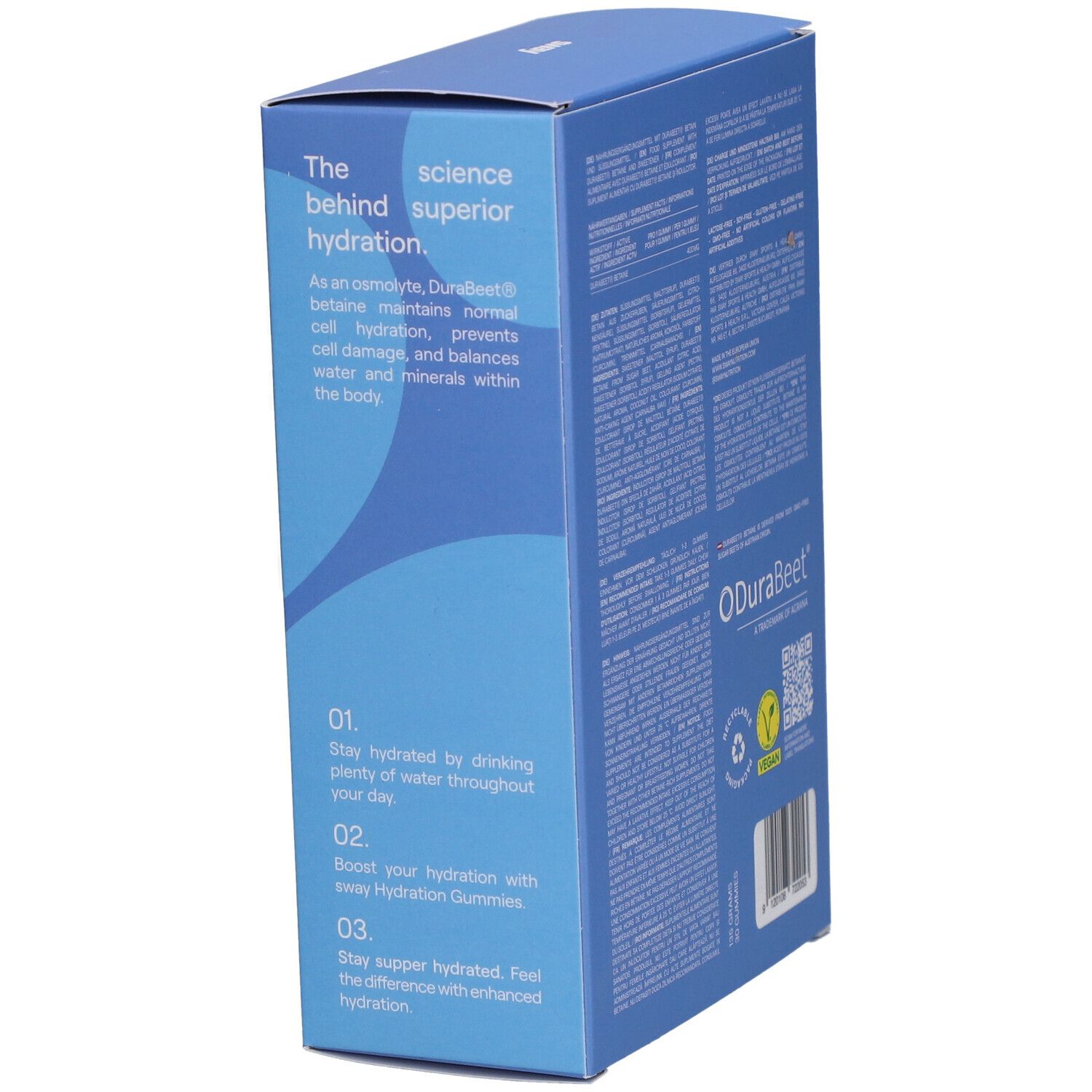Boîte bleue avec texte. Inscription : The science behind superior hydration, 01, 02, 03, ODuraBeet.