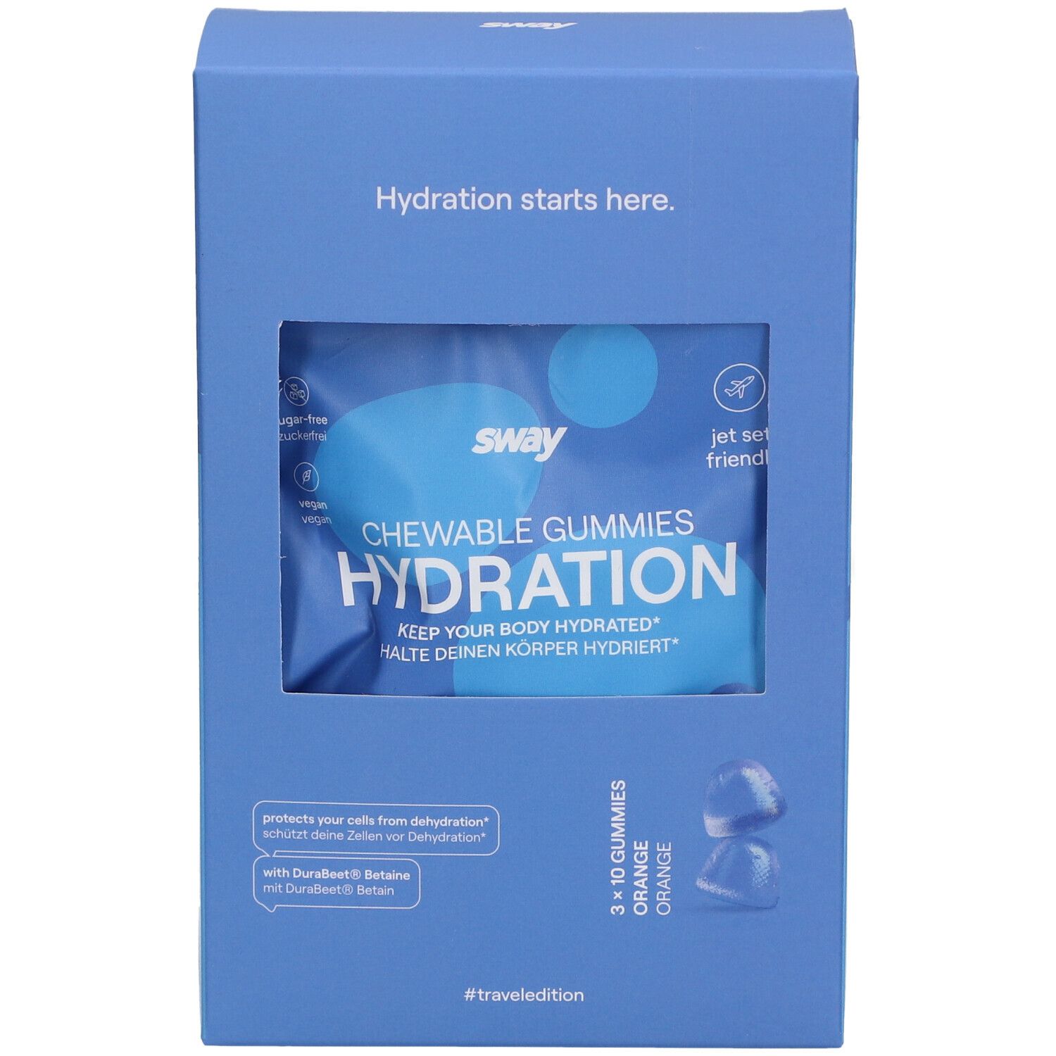 Boîte bleue avec fenêtre. Contient un sachet de gommes à mâcher. Inscription : sway, CHEWABLE GUMMIES HYDRATION.