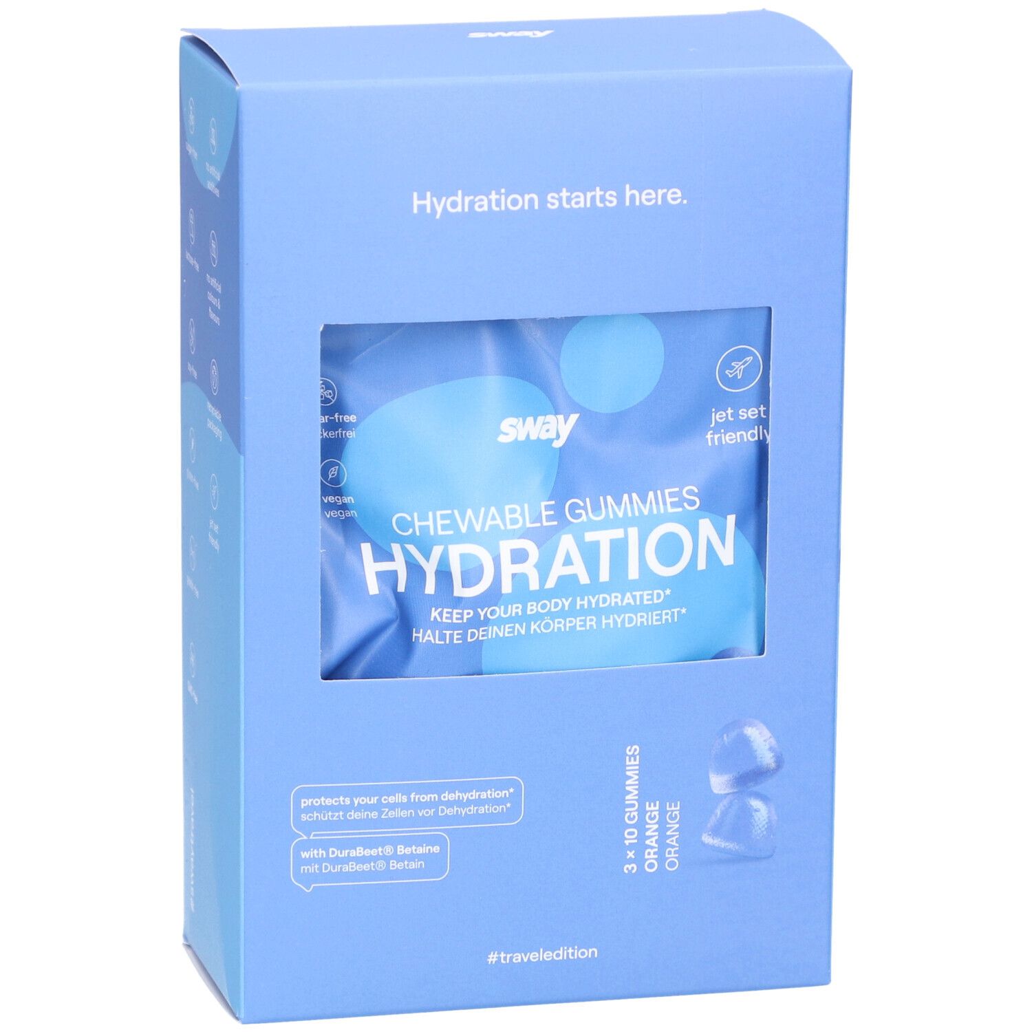 Boîte bleue avec fenêtre. Contient un sachet de gommes à mâcher. Inscription : sway, CHEWABLE GUMMIES HYDRATION.