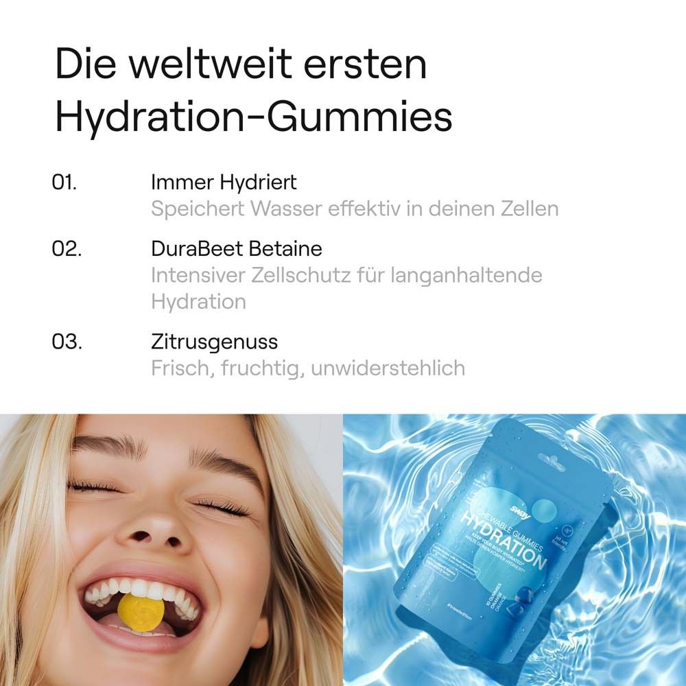 Texte 'Les premiers gommes d'hydratation au monde'. Femme avec gomme en bouche. Sachet de gommes 'Hydration' dans l'eau.