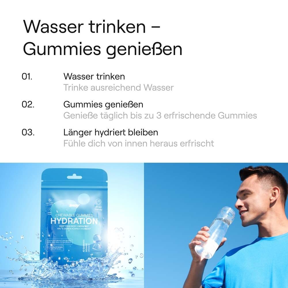 Texte : 'Boire de l'eau - savourer les gommes'. Sachet de gommes 'Hydration' dans l'eau. Homme avec bouteille d'eau.