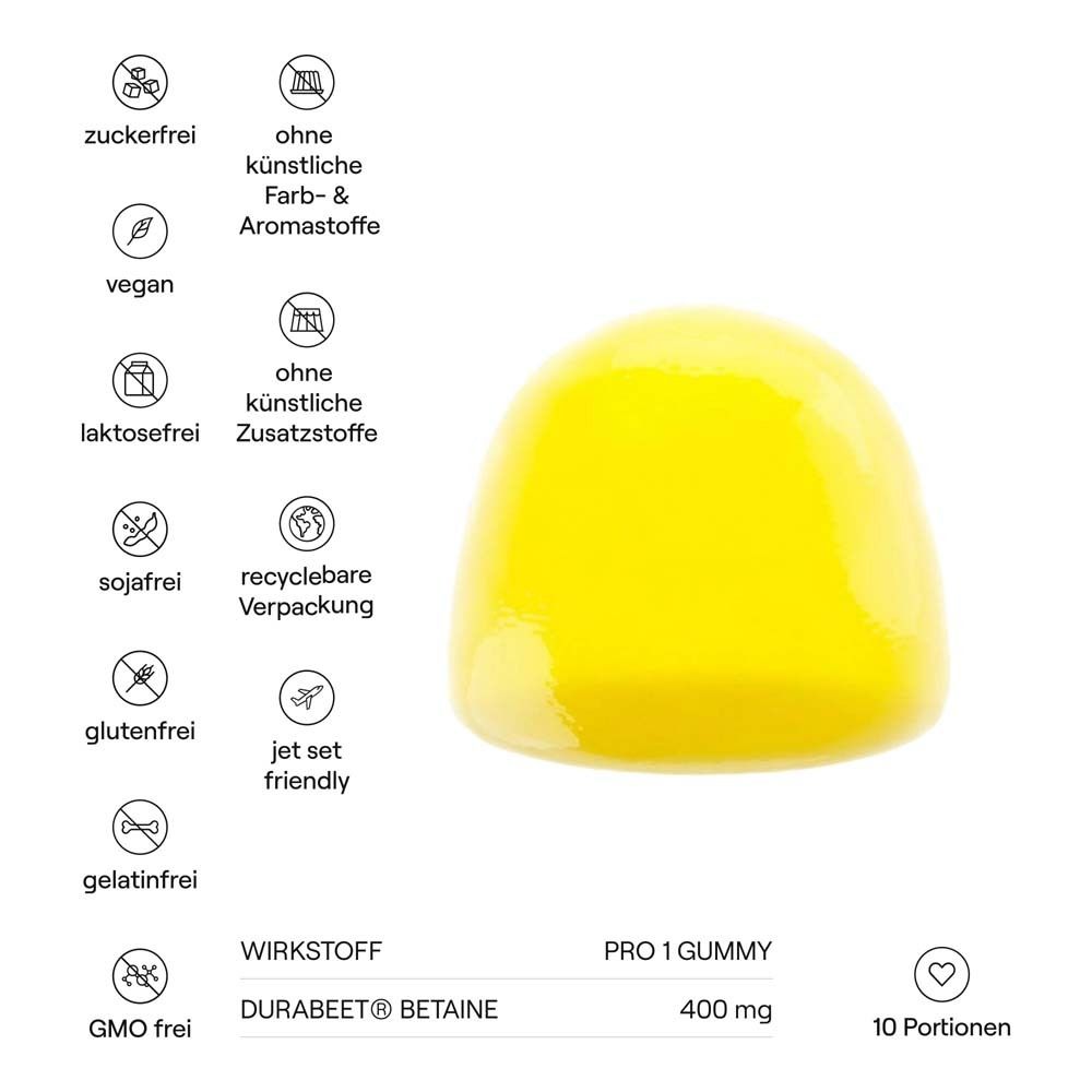 Gomme jaune avec texte : 'Ingrédient actif DuraBeet Betaine 400 mg'. 10 portions. Symboles : sans sucre, végétalien, etc.