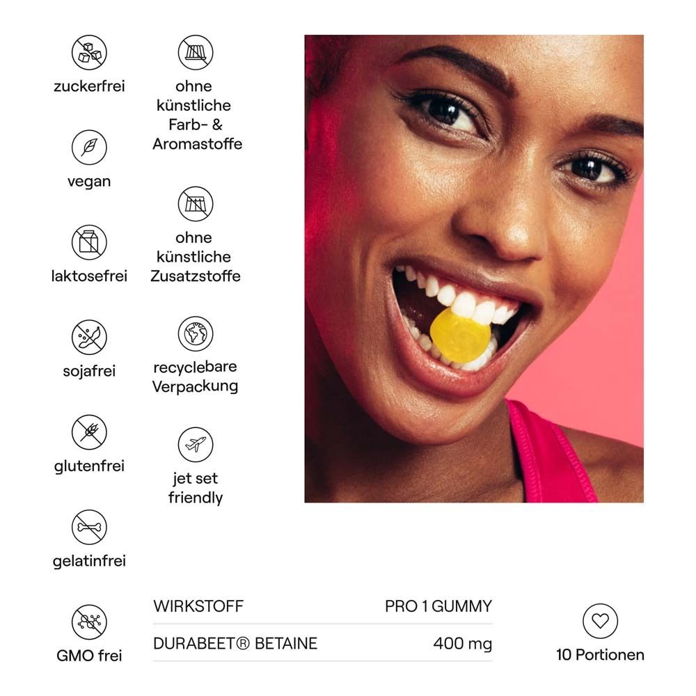 Femme avec gomme jaune en bouche. Texte : 'Ingrédient actif DuraBeet Betaine 400 mg'. Symboles : sans sucre, végétalien, etc.