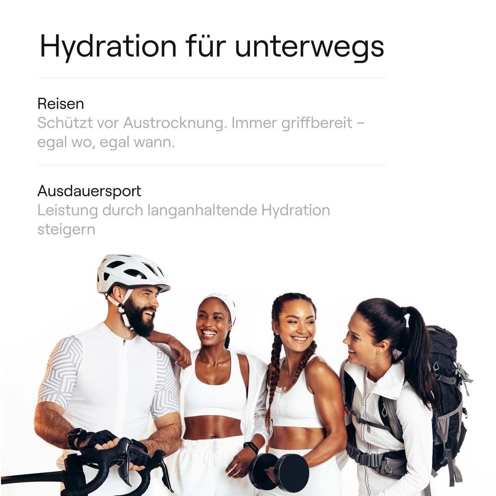 Texte : 'Hydratation pour les déplacements'. Groupe de sportifs. Cycliste, coureur, randonneur. Texte : 'Voyages', 'Sports d'endurance'.
