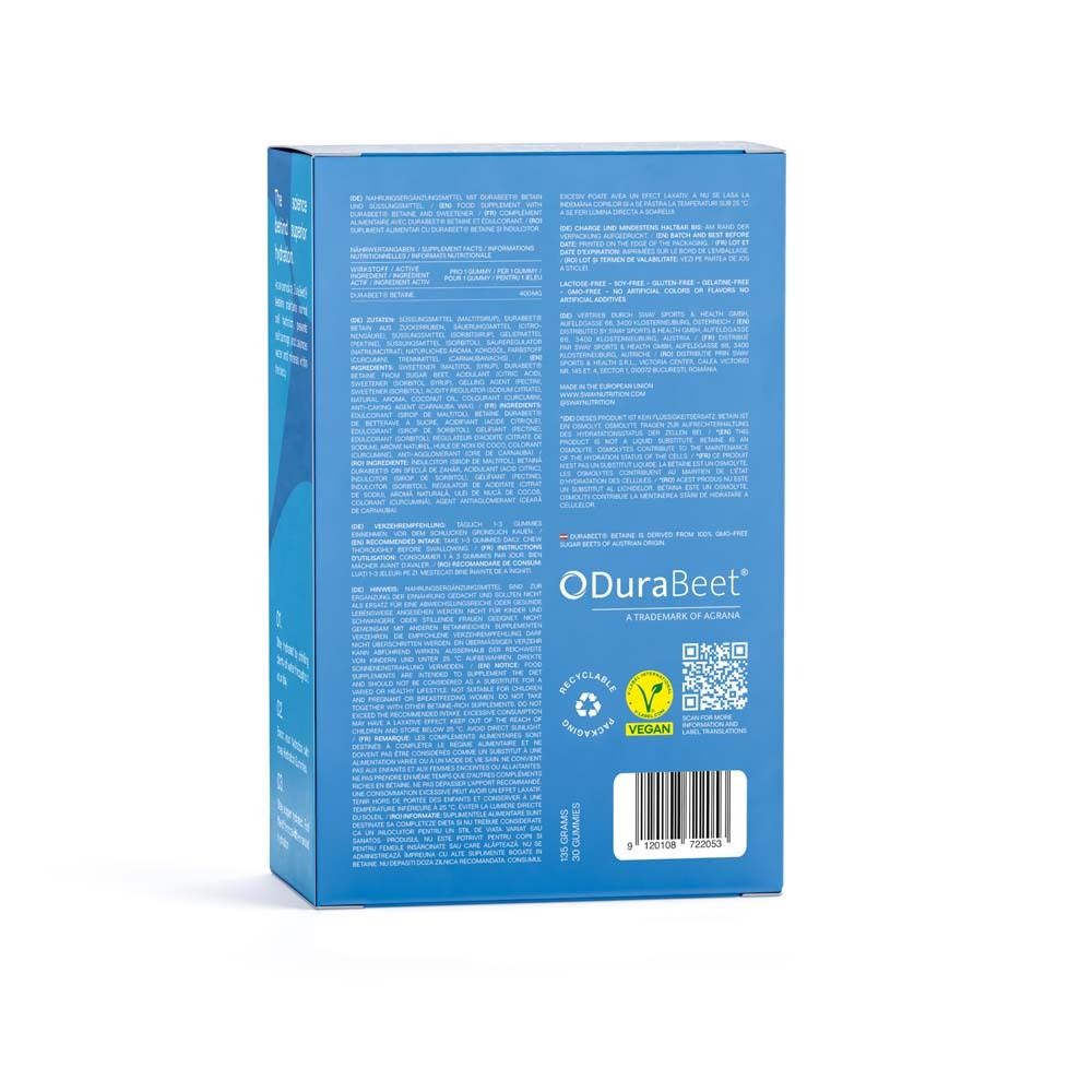 Dos de la boîte bleue. Texte et logos. Logo 'ODuraBeet' et 'Vegan'. Code QR.