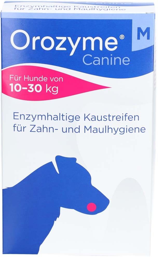 Emballage Orozyme Canine. Contient des bandes à mâcher enzymatiques pour chiens. Pour chiens de 10-30 kg. Logo de chien bleu.