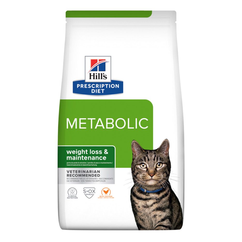 Hill's Prescription Diet Metabolic, nourriture pour chats. Sac blanc avec infos produit, chat et logo.