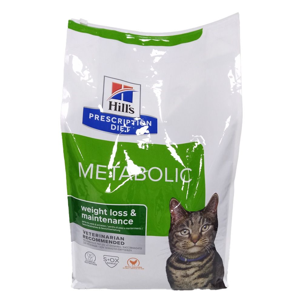 Hill's Prescription Diet Metabolic, nourriture pour chats. Sac blanc avec infos produit, chat et logo.