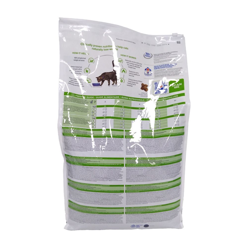 Dos du sac de nourriture pour chats Hill's Prescription Diet Metabolic. Texte et informations.