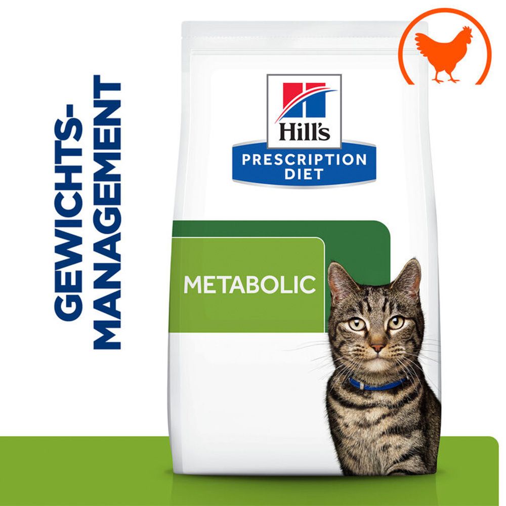 Hill's Prescription Diet Metabolic, nourriture pour chats. Sac avec logo, chat et symbole poulet.