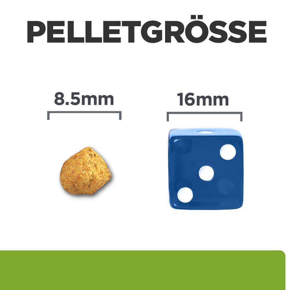 Comparaison de la taille des granulés. Granulé de 8,5 mm à côté d'un dé de 16 mm. Texte.