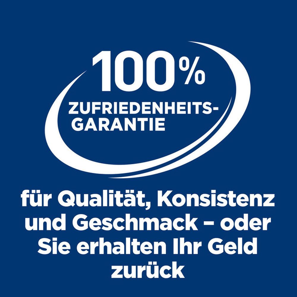 Garantie de satisfaction à 100 %. Texte: Qualité, consistance et goût - ou remboursé.