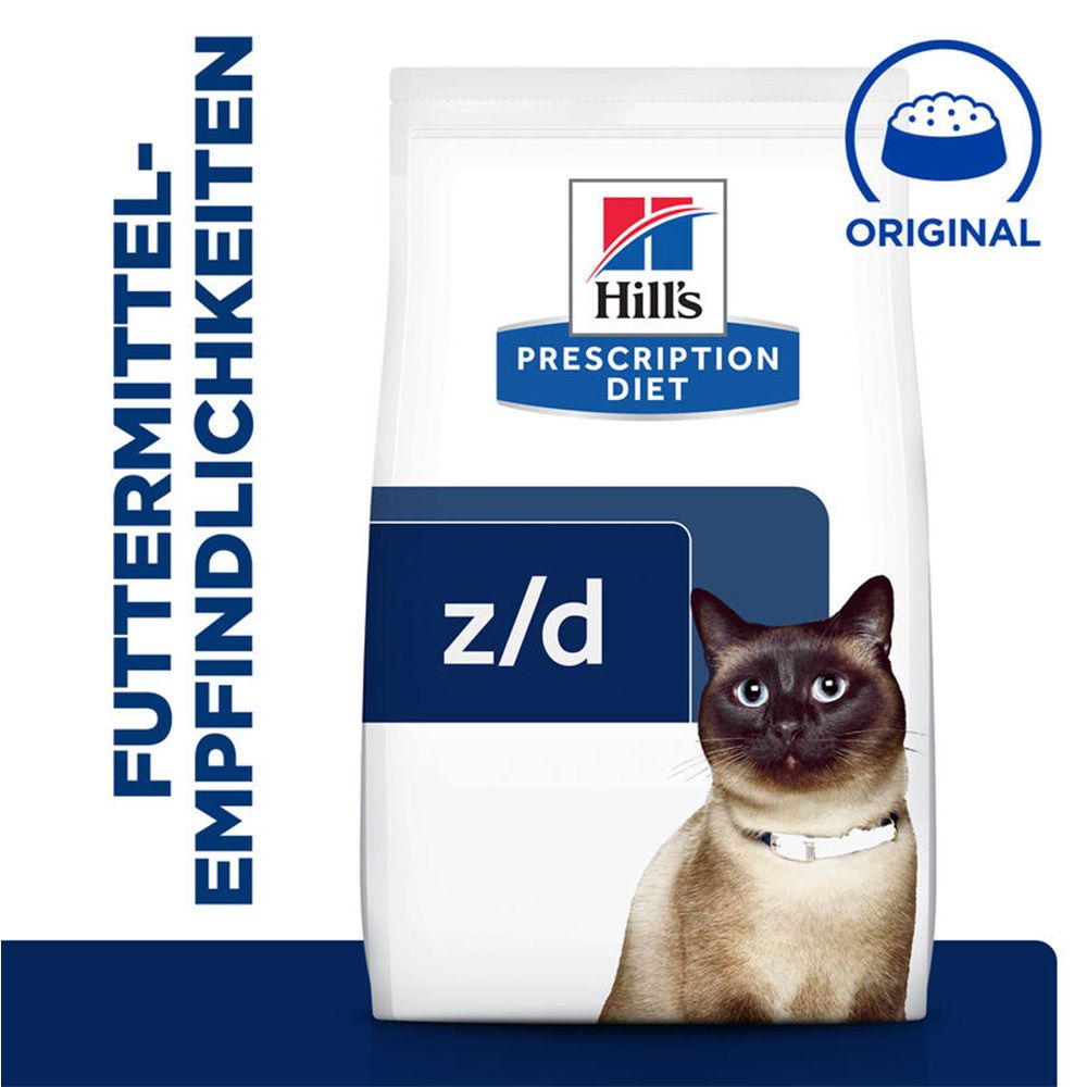 Hill's Prescription Diet z/d Original Katzenfutter. Weiße Verpackung mit blauem Etikett. Katze mit weißem Halsband. Text: Futtermitel-Empfindlichkeiten, z/d.