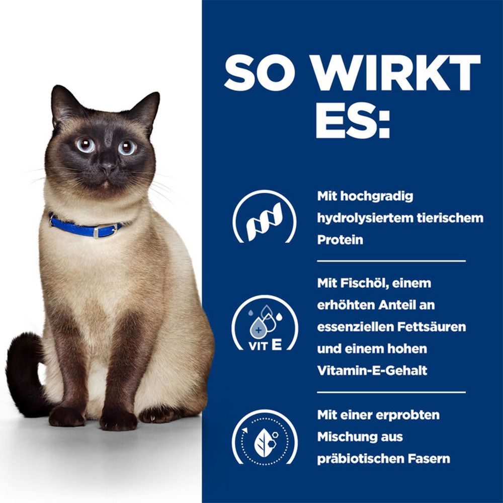 Blaue Infografik. Katze mit blauem Halsband. Text: Mit hochgradig hydrolysiertem tierischem Protein, Fischöl, Vitamin E, präbiotischen Fasern.