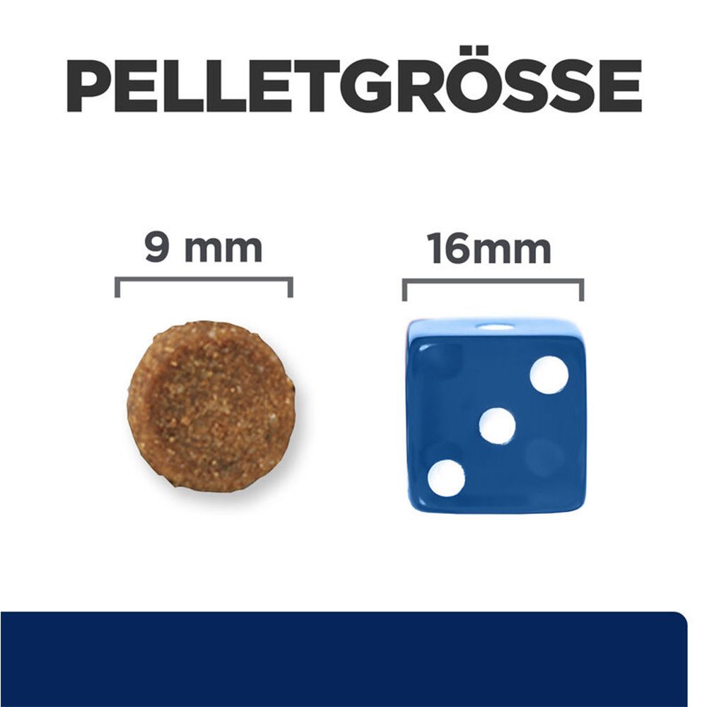 Pelletgröße. 9 mm Pellet neben 16 mm Würfel. Text: Pelletgröße.