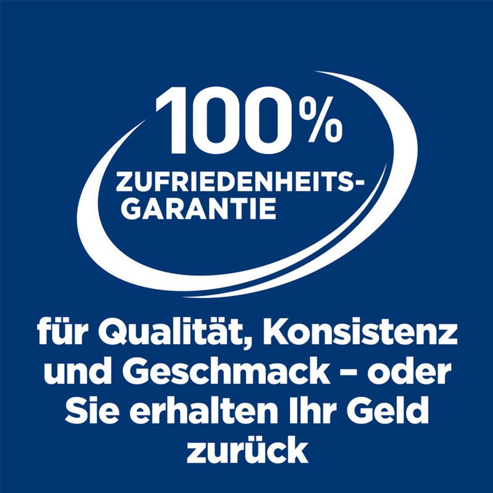 Blauer Hintergrund. Text: 100% Zufriedenheitsgarantie. Für Qualität, Konsistenz und Geschmack - oder Sie erhalten Ihr Geld zurück.