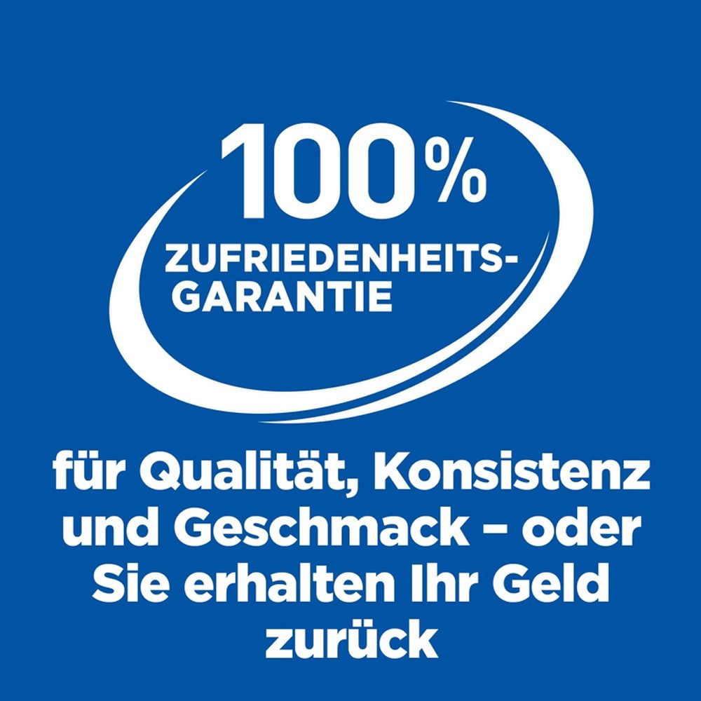 Fond bleu avec texte blanc : Garantie de satisfaction à 100 %. Pour la qualité, la consistance et le goût - ou vous êtes remboursé.