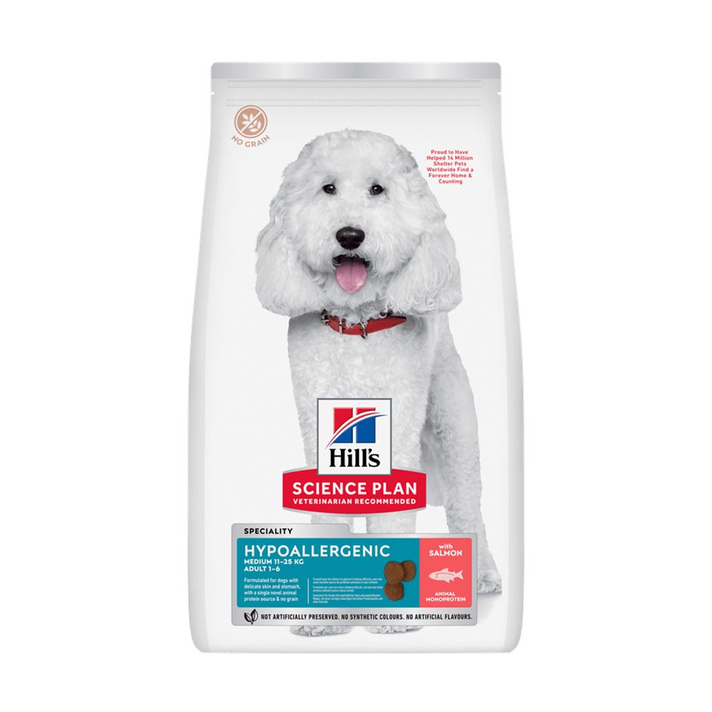 Sac de nourriture pour chiens avec chien. Inscription : Hill's Science Plan Hypoallergenic. Au saumon. Sans céréales.