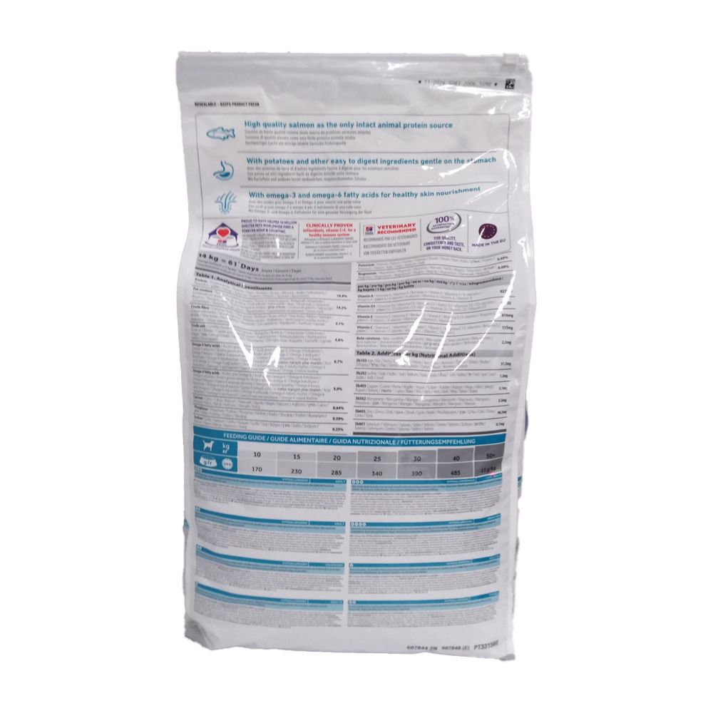 Dos du sac de nourriture pour chiens. Informations sur les ingrédients, les recommandations d'alimentation et le fabricant.