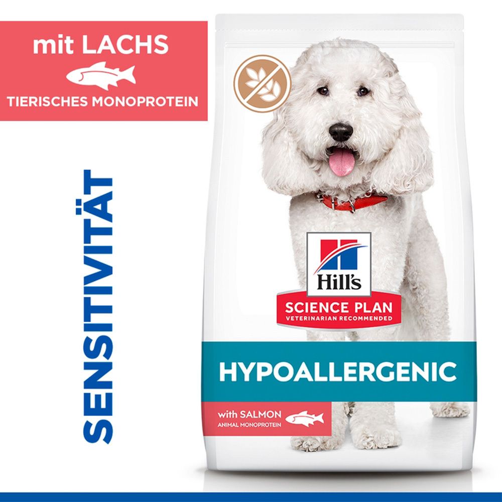 Sac de nourriture pour chiens avec chien. Inscription : Hill's Science Plan Hypoallergenic. Au saumon. Monoprotéine animale.