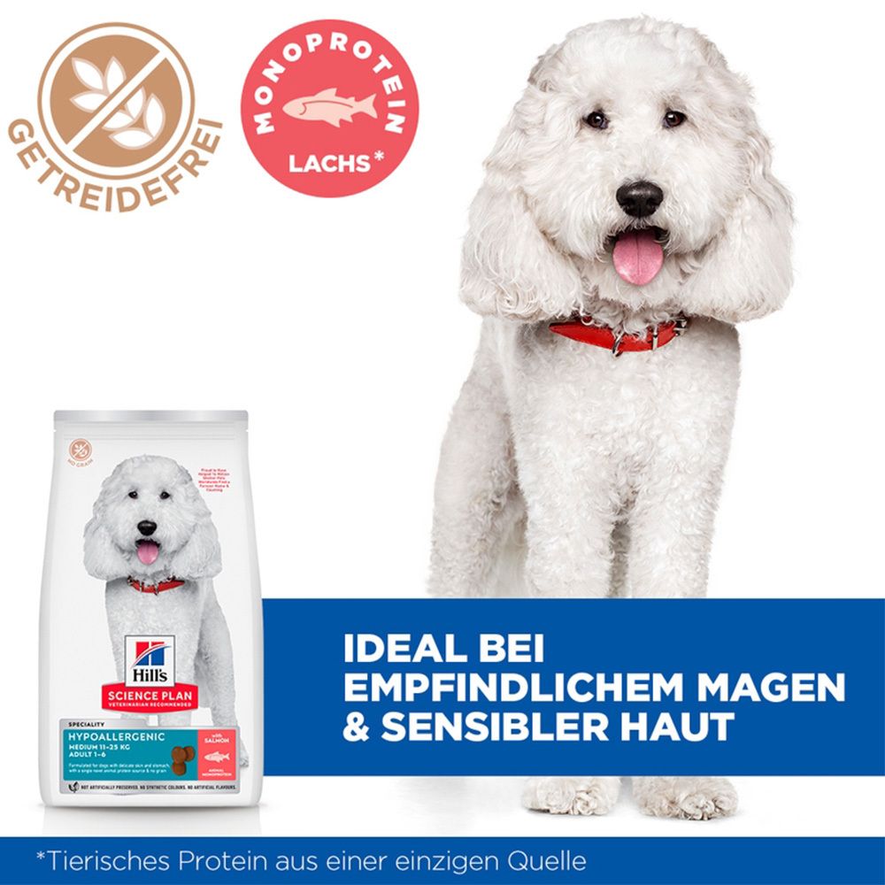 Sac de nourriture pour chiens avec chien. Inscription : Hill's Science Plan Hypoallergenic. Sans céréales. Saumon monoproteine.