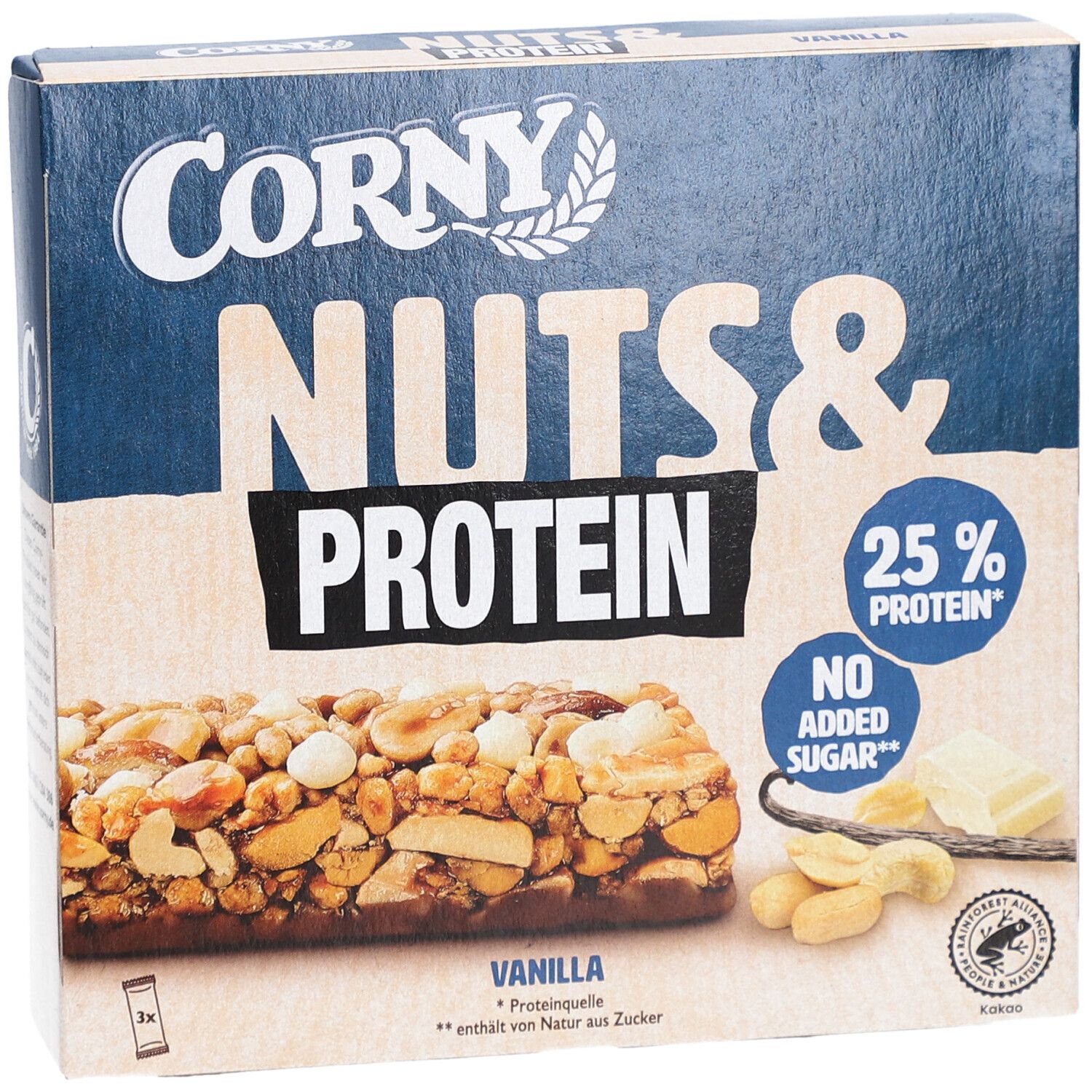Vorderansicht der Corny Nuts & Protein Vanille Riegel Verpackung. Blaue und beige Box mit Riegel-Abbildung, Cashewkernen und Vanille.