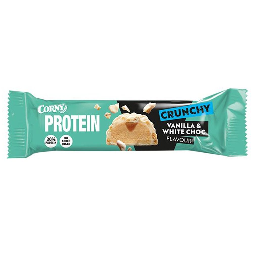 Proteinriegel in türkis-schwarzer Verpackung. Aufschrift: CORNY Protein, Crunchy, Vanilla & White Choc. 30% Protein, ohne Zuckerzusatz.