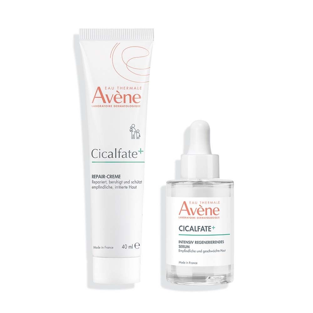 Avène Cicalfate+ Repair-Creme und Serum. Weiße Tuben und Flasche mit Produktnamen und Logo. 40 ml.