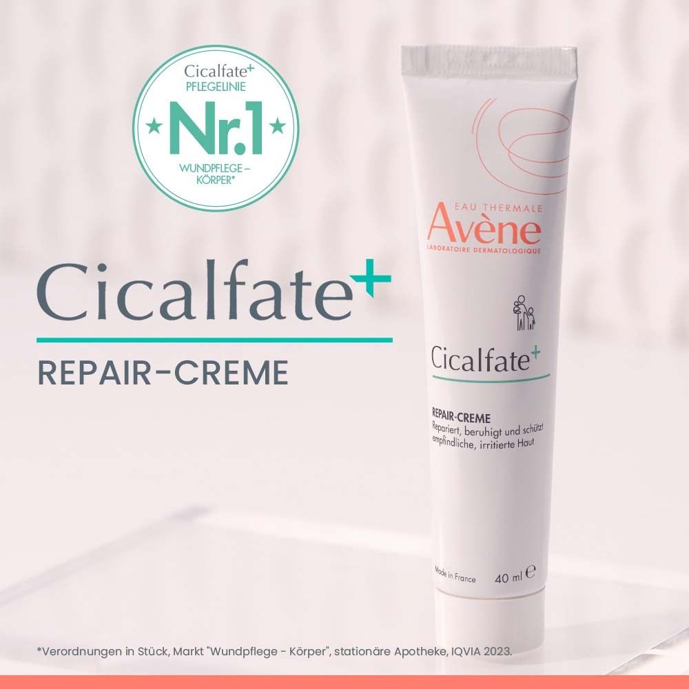 Avène Cicalfate+ Repair-Creme. Weiße Tube mit Produktnamen und Logo. Nr.1 Wundpflege-Körper.