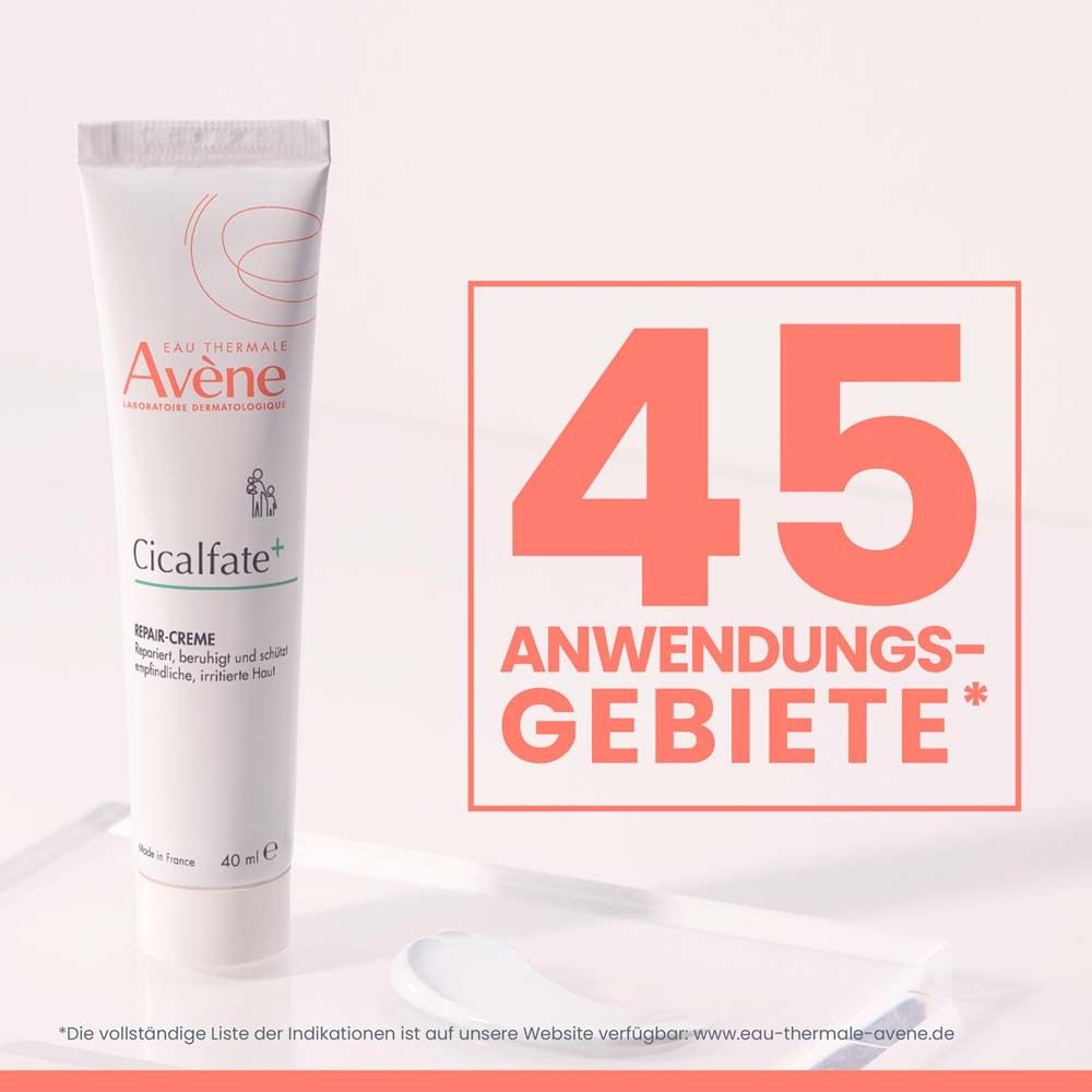 Avène Cicalfate+ Repair-Creme. Weiße Tube mit Produktnamen und Logo. Text: 45 Anwendungsgebiete.