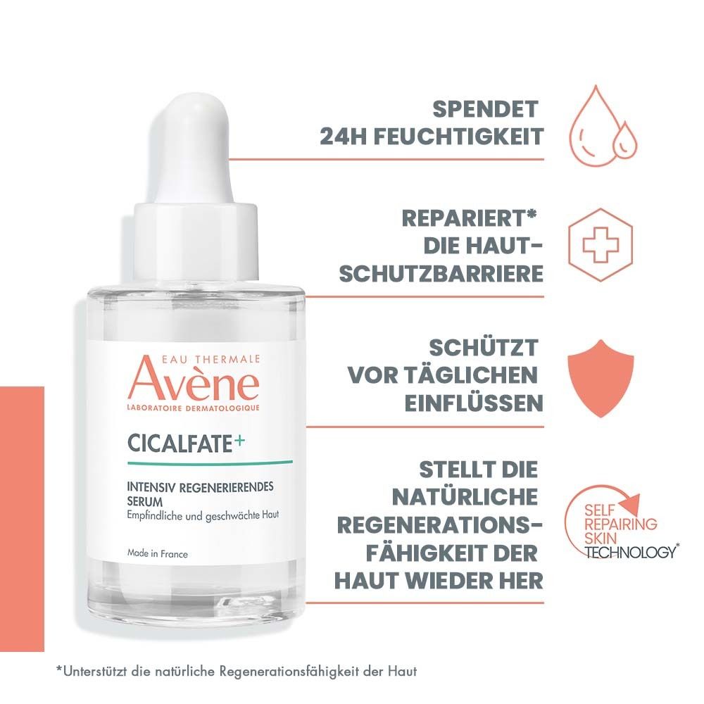 Avène Cicalfate+ Intensiv Regenerierendes Serum. Flasche mit Pipette. Text: Spendet 24h Feuchtigkeit.