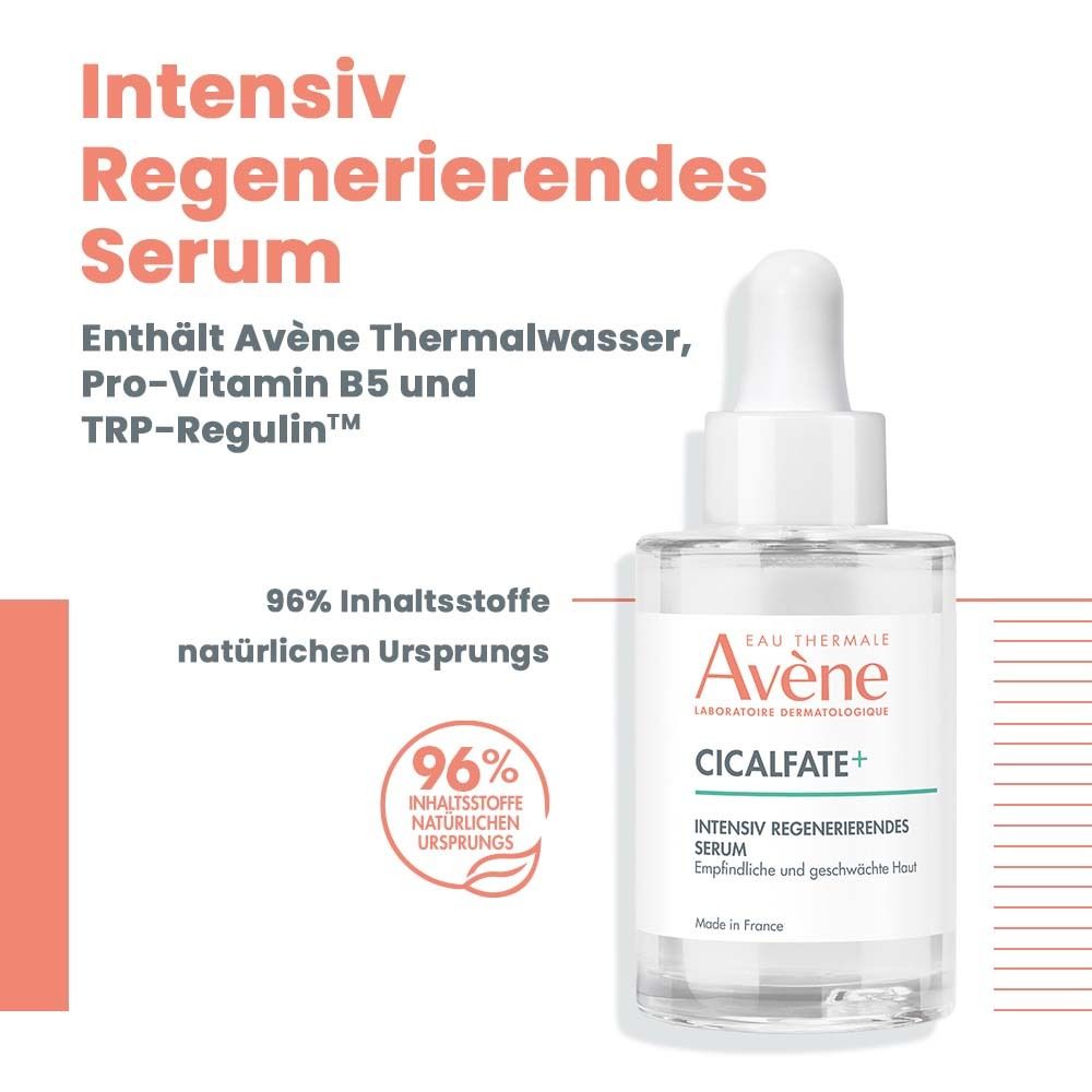 Avène Cicalfate+ Intensiv Regenerierendes Serum. Flasche mit Pipette. Text: 96% Inhaltsstoffe natürlichen Ursprungs.