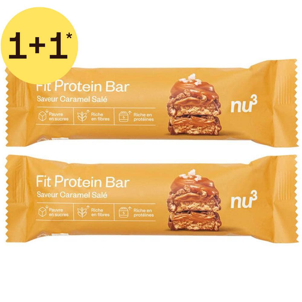 Zwei nu³ Fit Protein Bars, Karamell-Salz Geschmack, mit Abbildung eines Bars.