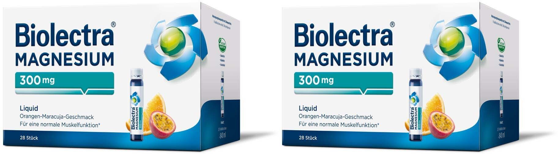 Verpackung von Biolectra Magnesium 300 mg. Blaue und weiße Schachtel mit Produktnamen und Angaben. Abgebildet sind auch eine Frucht und eine Ampulle.