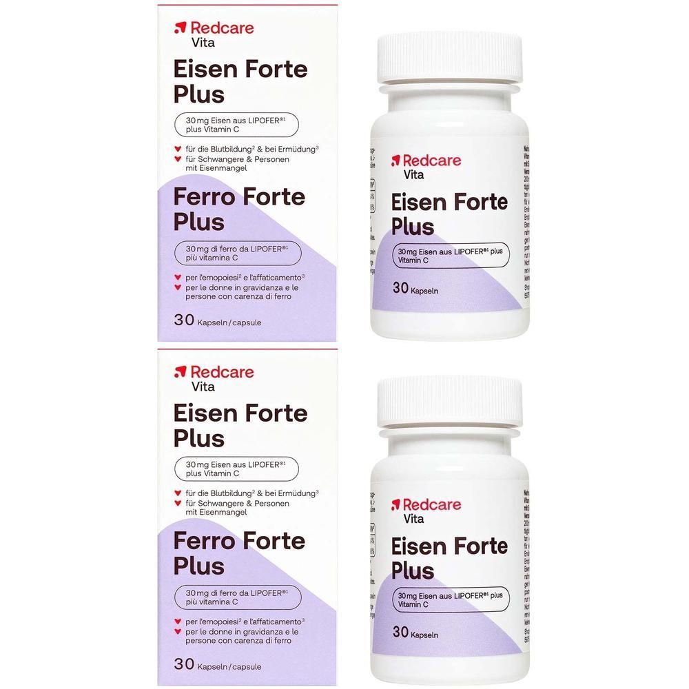 Deux boîtes et deux flacons de Redcare Eisen Forte Plus, chacun contenant 30 capsules.