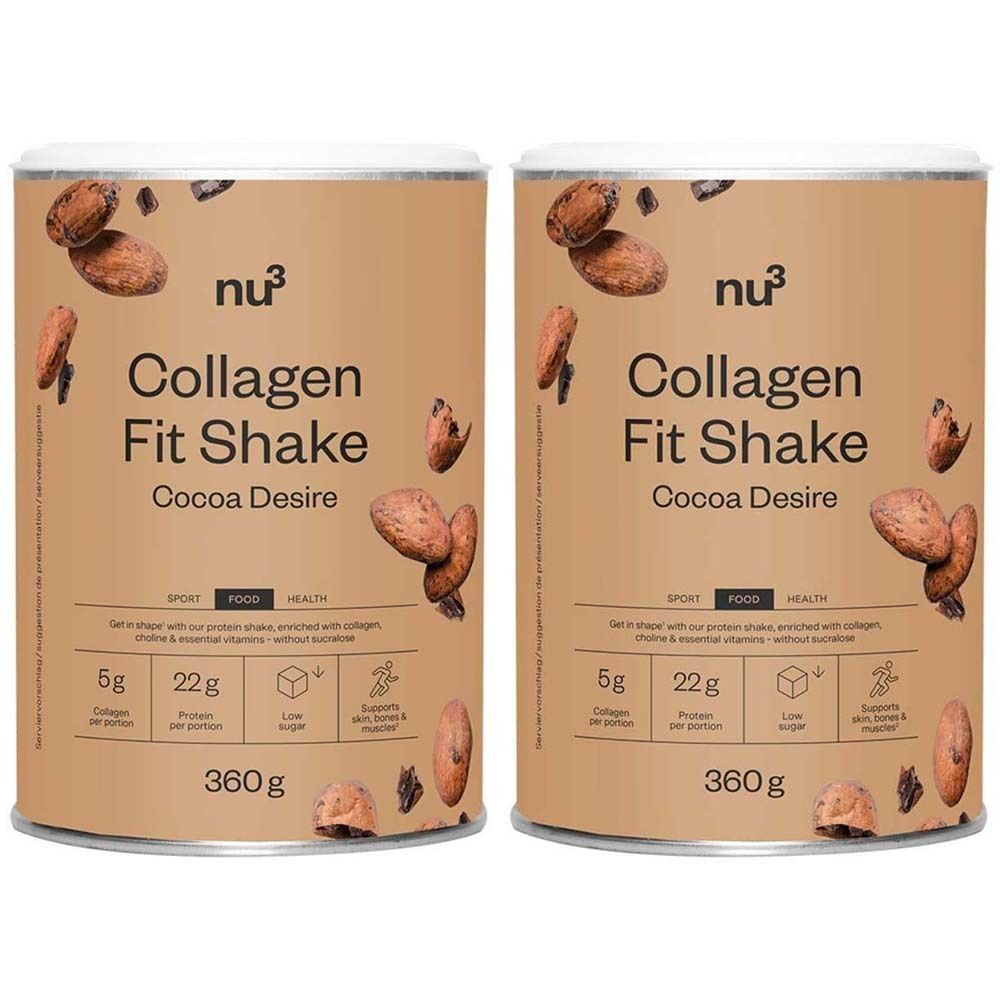 Deux boîtes de nu3 Collagen Fit Shake Cocoa Desire. Boîtes marron avec couvercles blancs. Impression avec nom du produit, informations nutritionnelles et fèves de cacao.