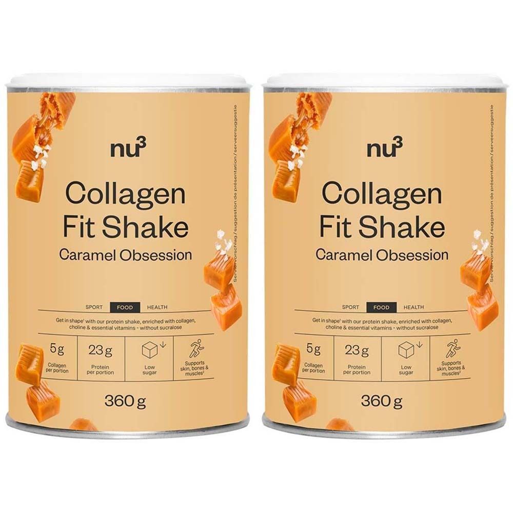 Deux boîtes de nu3 Collagen Fit Shake Karamell Obsession. Inscription : 5g collagène, 23g protéines, 360g. Morceaux de caramel.