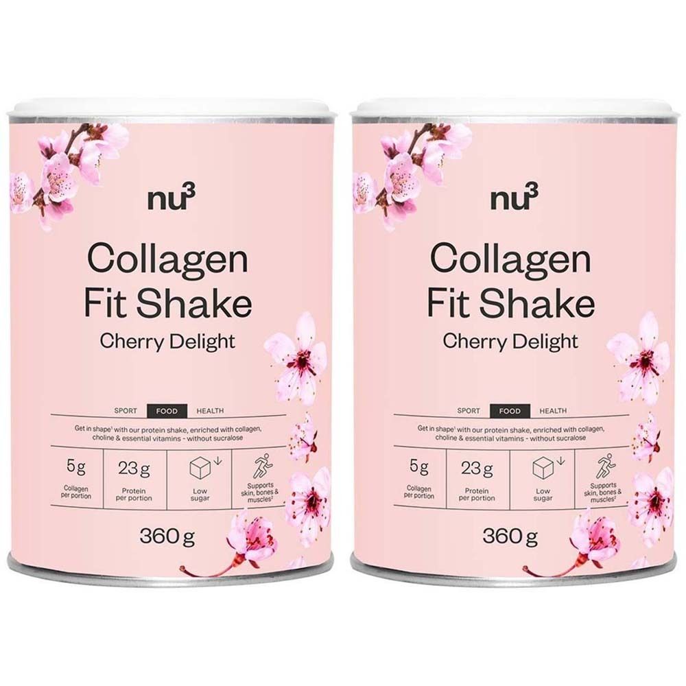 Deux boîtes de nu3 Collagen Fit Shake Cherry Delight. Boîtes roses avec motifs floraux et informations produit. 360g.