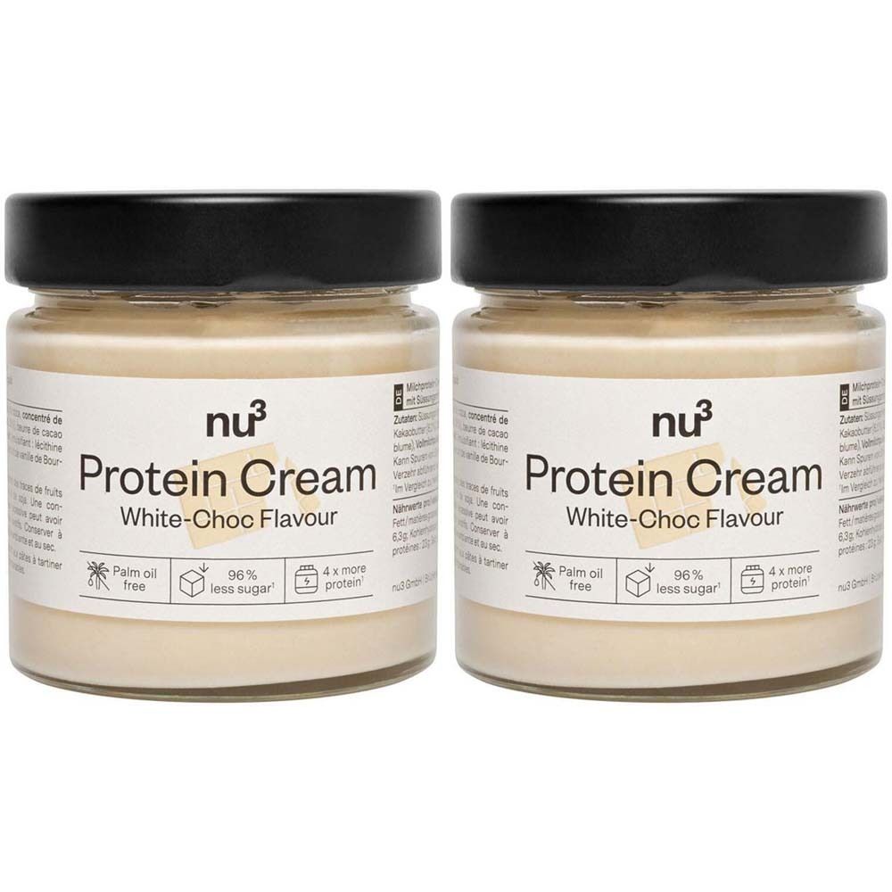Zwei Gläser Protein-Creme mit schwarzem Deckel. Aufschrift: nu3 Protein Cream White-Choc Flavour. Enthält 96% weniger Zucker und 4x mehr Protein.