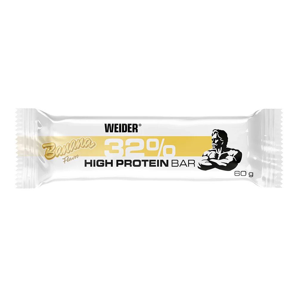 Barre protéinée Weider 32% Banana emballée. Jaune et blanc. Logo et nom du produit.
