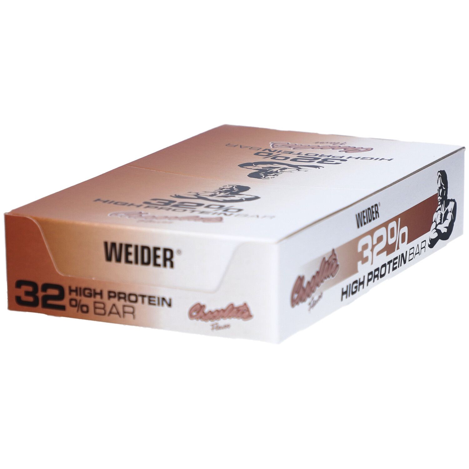Weider 32% High Protein Bar-Box. Weiße Verpackung mit braunen Akzenten. Aufdruck: 32%, Schoko-Geschmack, Weider-Logo und Muskelmann.
