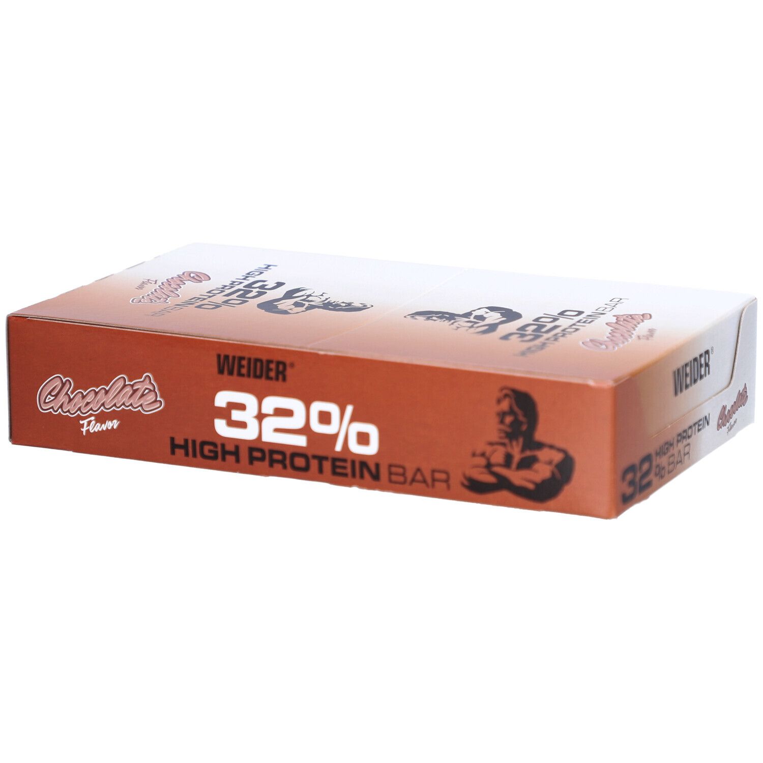 Weider 32% High Protein Bar-Box. Braune Verpackung mit weißen Akzenten. Aufdruck: 32%, Schoko-Geschmack, Weider-Logo und Muskelmann.