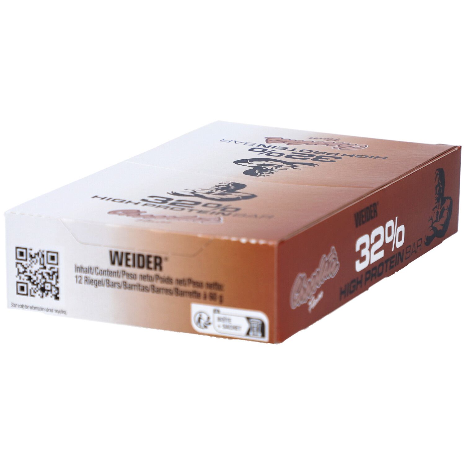 Weider 32% High Protein Bar-Box. Verpackung mit QR-Code und Text. Aufdruck: 32%, Schoko-Geschmack, Weider-Logo und Muskelmann. Inhalt: 12 Riegel.