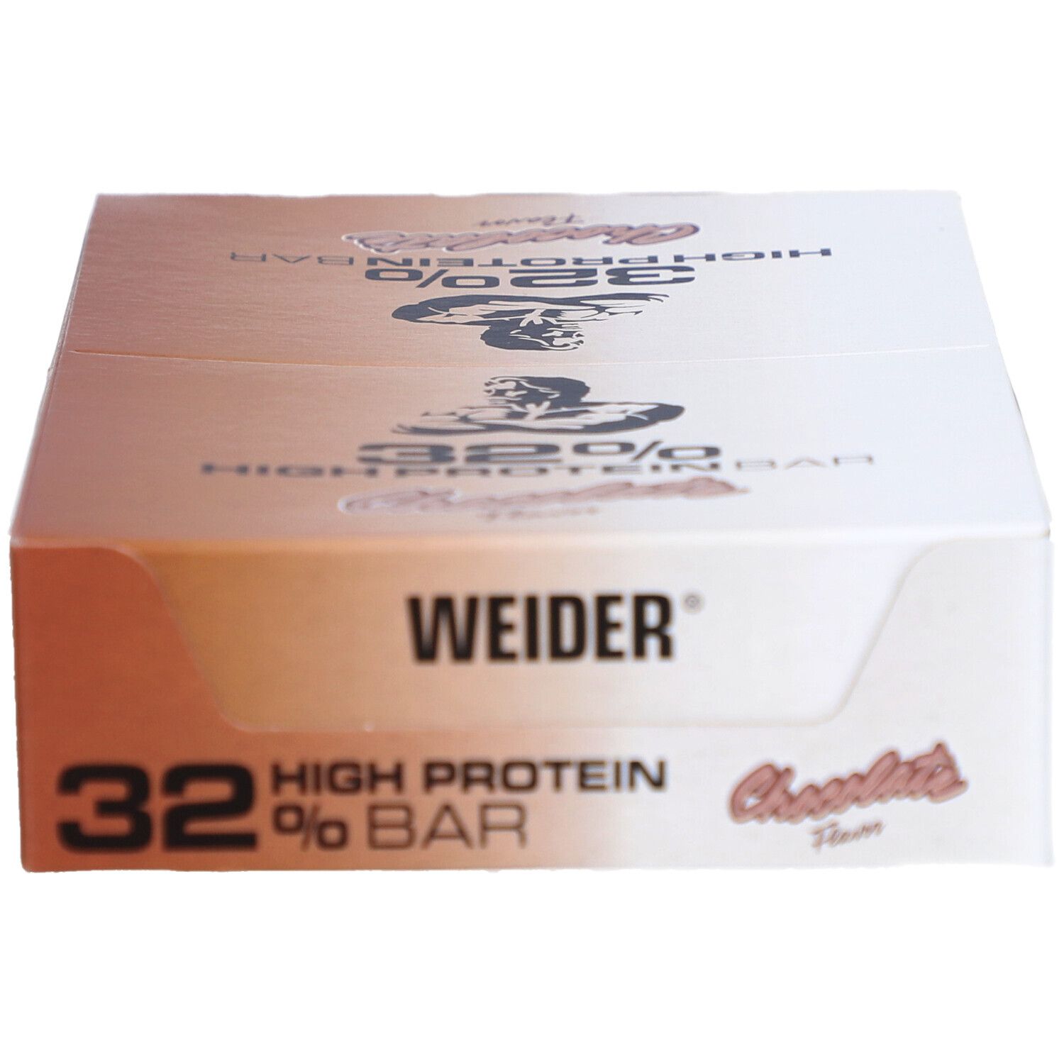 Weider 32% High Protein Bar-Box. Verpackung mit Aufdruck: 32%, Schoko-Geschmack, Weider-Logo. Ansicht von oben.