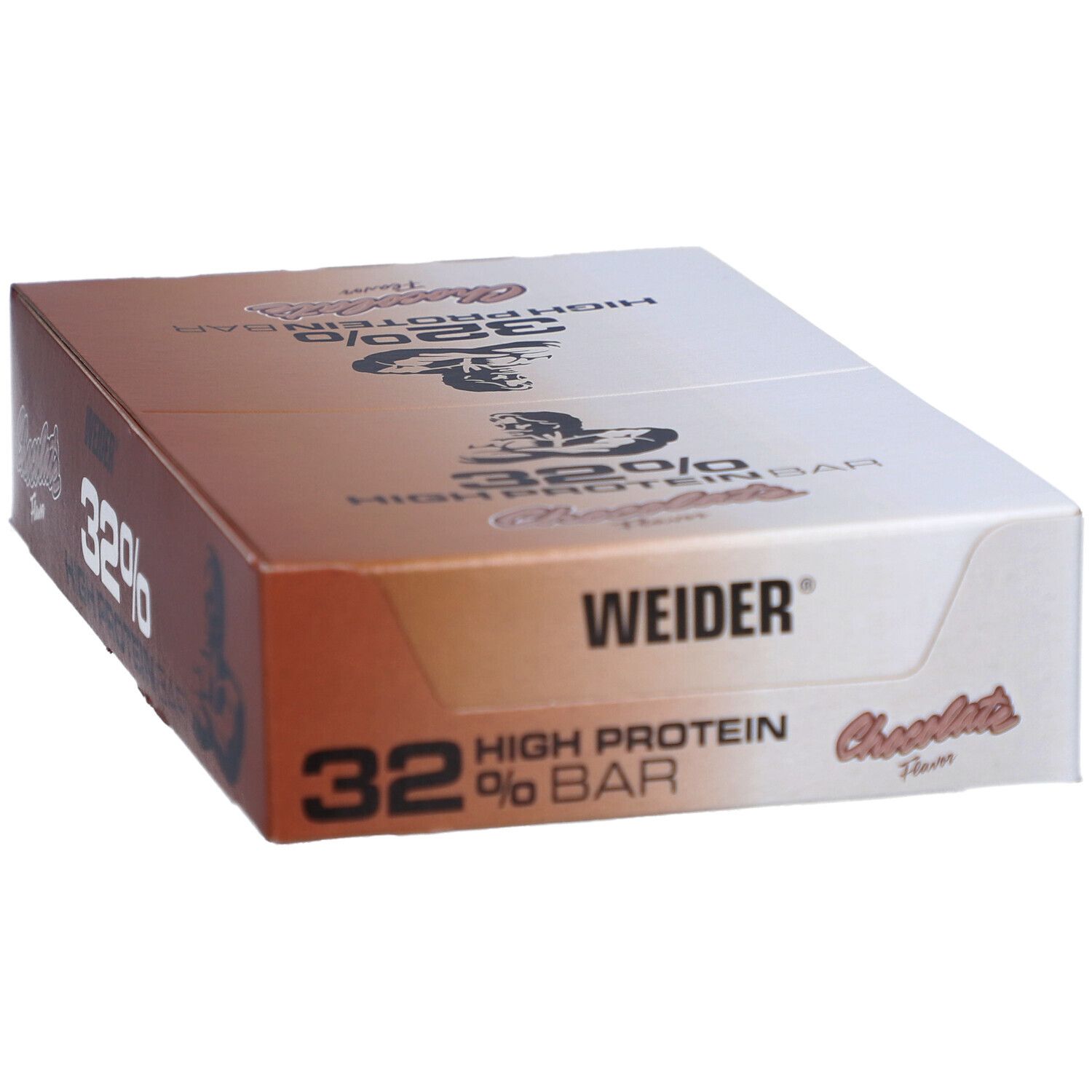Weider 32% High Protein Bar-Box. Verpackung mit Aufdruck: 32%, Schoko-Geschmack, Weider-Logo. Ansicht von oben.