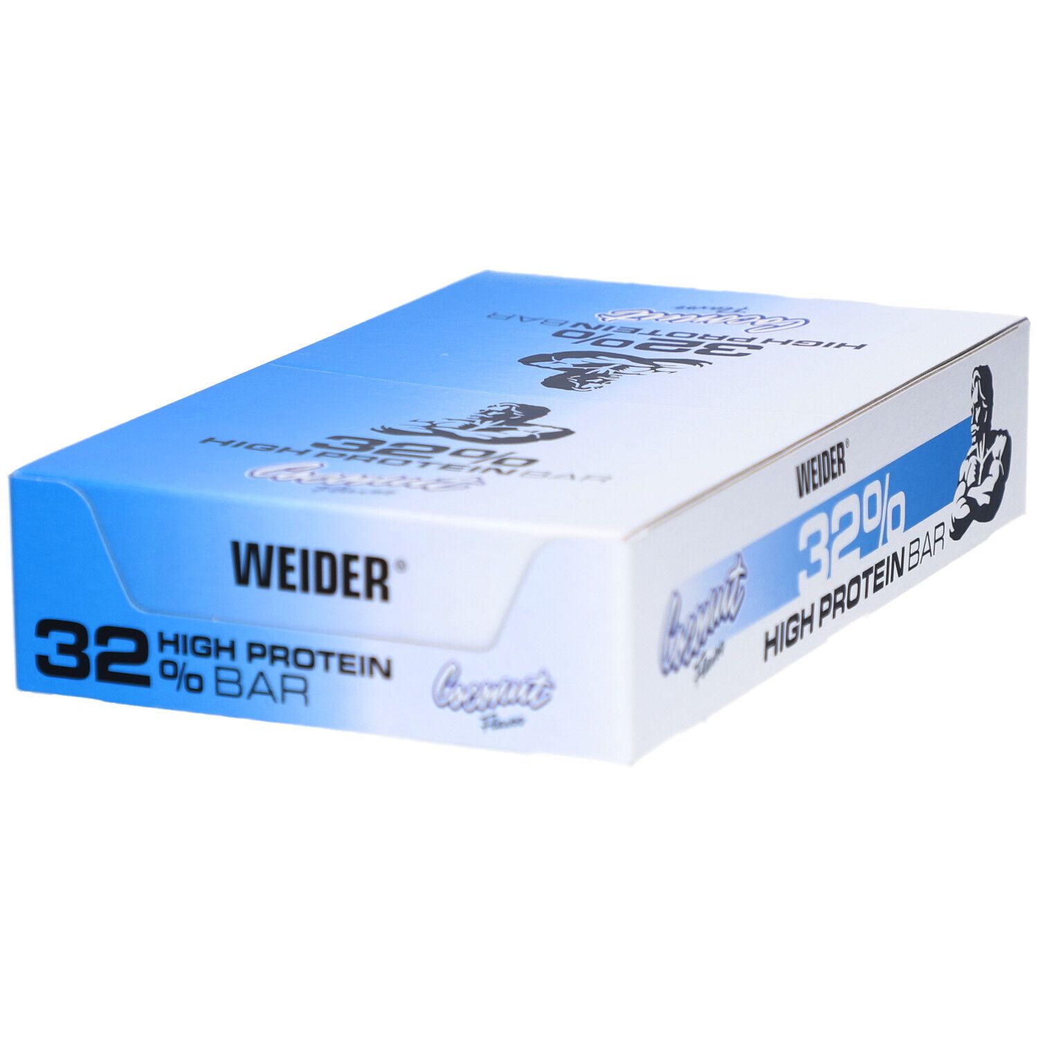 Weider 32% High Protein Bar-Box. Blaue und weiße Verpackung. Aufschrift: 32% High Protein Bar, Weider, Kokos-Geschmack.