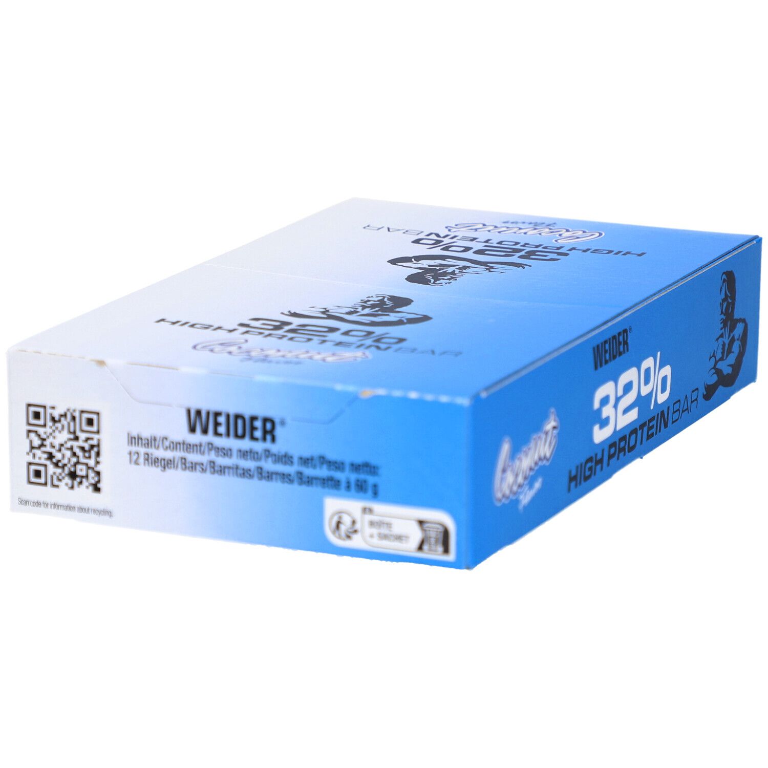 Blaue Box mit Weider 32% High Protein Bar. Aufschrift: 32% High Protein Bar, Weider, Kokos-Geschmack. QR-Code und Nährwertangaben.